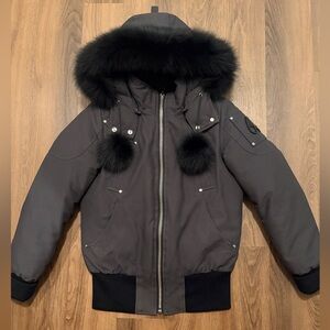 Black Hooded Moose knuckles Puffer Jacket with Fur Trim